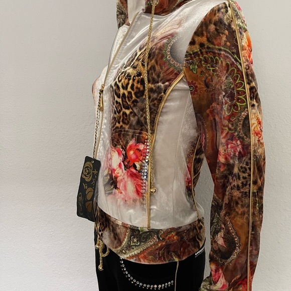 WOMEN VELOUR TRACKSUIT 2PC SET JACKET/BLACK PANTS LOUNGEWEAR HOODED ANIMAL PRINT - Picture 8 of 14